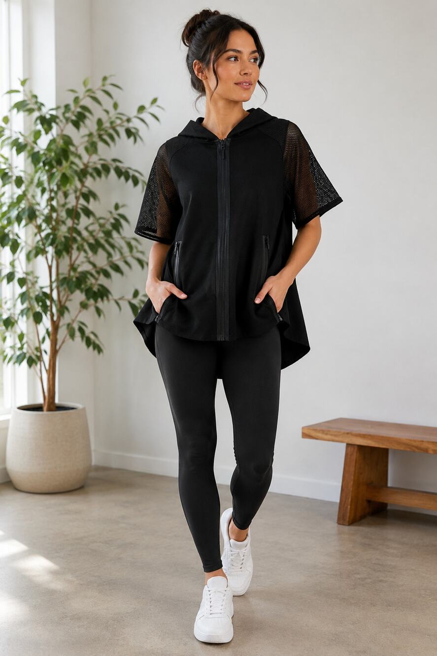 Elie Tahari Sport Mesh Sleeve Hoodie XS Black Sheer Kimono Zip Jacket
